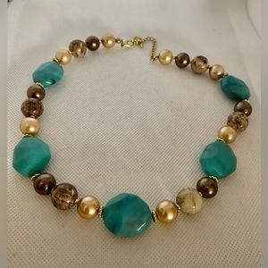 Bohemian Turquoise Statement Necklace w Gold, Bronze and Polished Beads, 16-20”